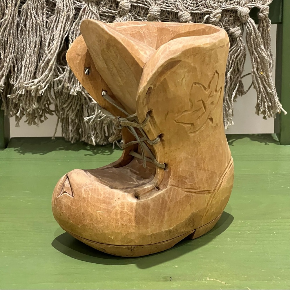 Vintage Hand-Carved Wooden Boot with Maple Leaf Design